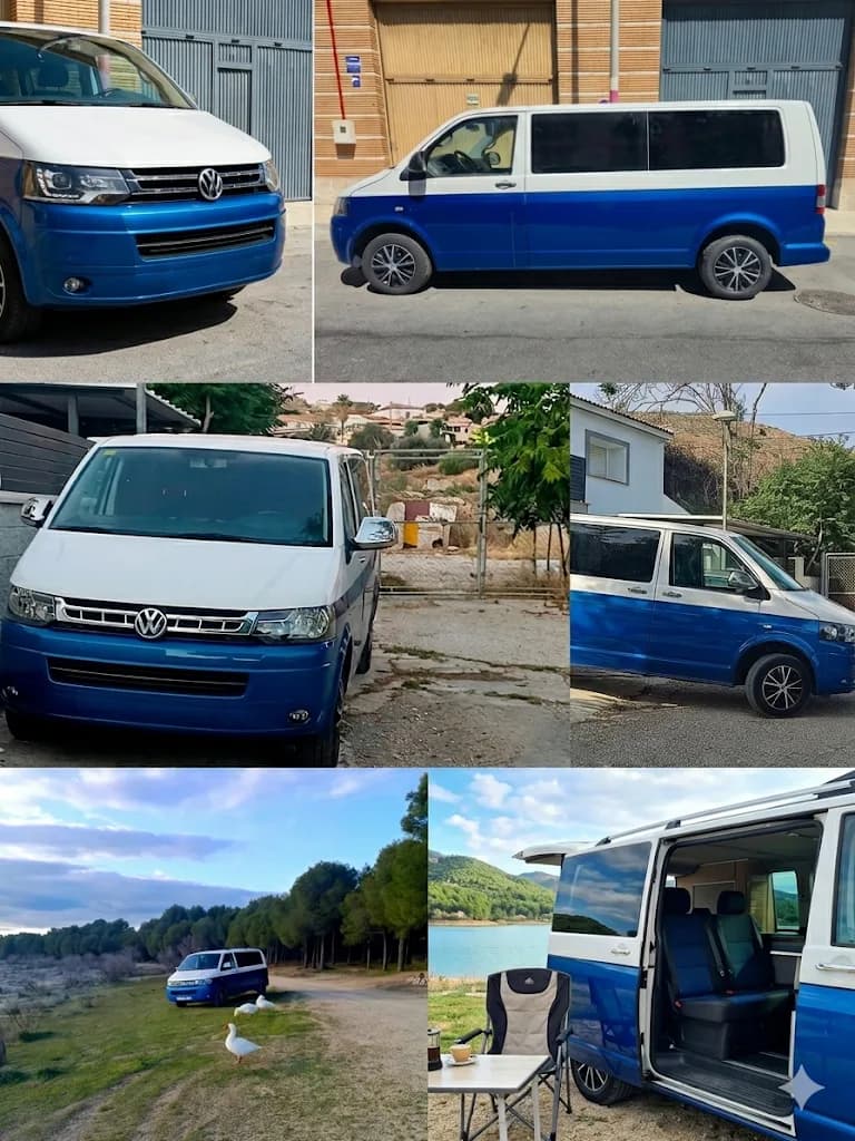 Montaje de seis fotos de una furgoneta azul y blanca