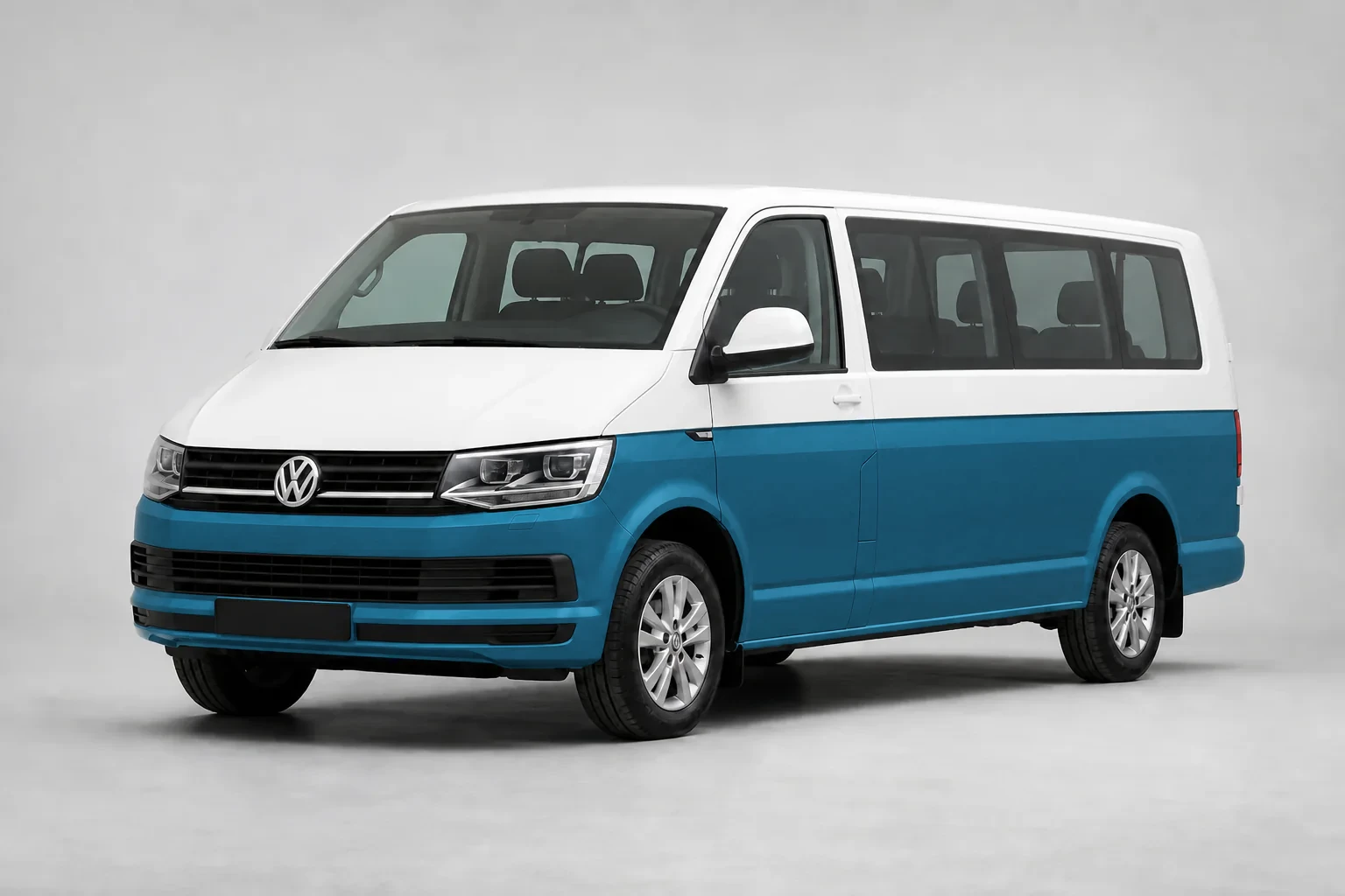Volkswagen Transporter T6 (8-Seater) in AllVanCar Turquoise · Without roof rails · Standard, front view